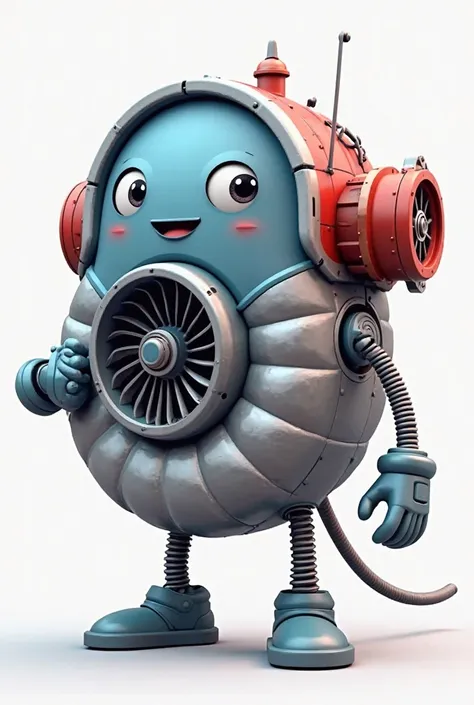 Create an image of a turbine engine that is large with an anthropomorphic appearance.  The motor must have a sturdy metal structure ,  with visible cable entries .  Add a face with a soft and friendly animation that has a subtle smile, the face must be of ...