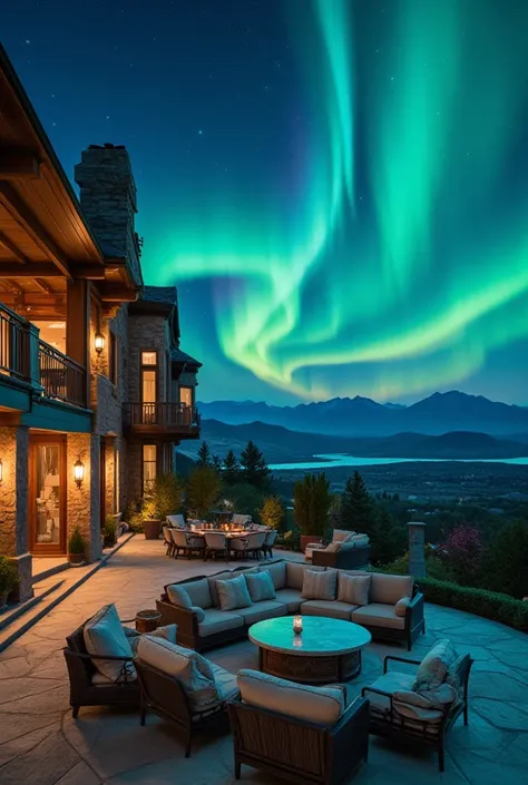 Immense terrasse de villa de luxe de style américain avec vue sûr l’aurore boréal 