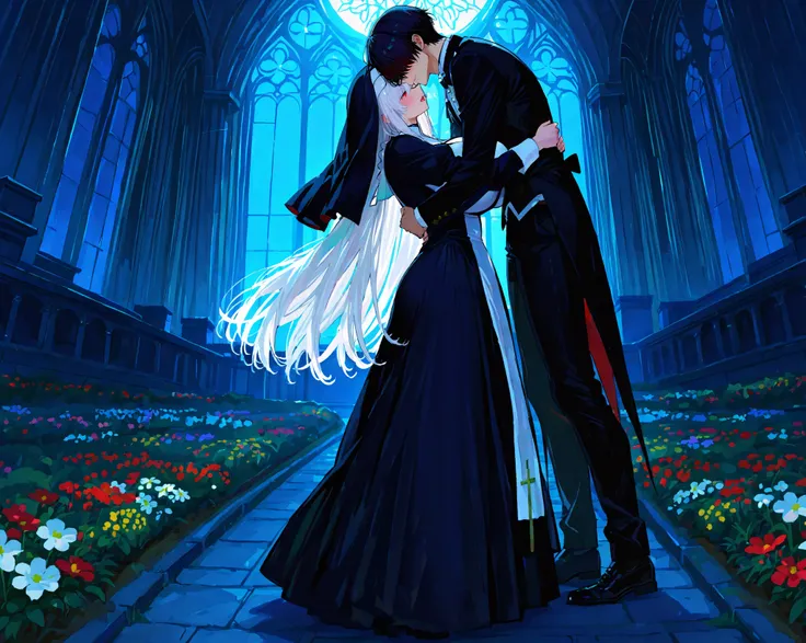 perfect anatomy hyper realistic, female with (red eyes rich wave hair, white Hair 18yo short stature (colossal Breasts:1.1), black nun clothes), male with (hair over eyes Black Hair 20yo Butler Clothes), moonlight flower garden out of church, lovers hug, f...