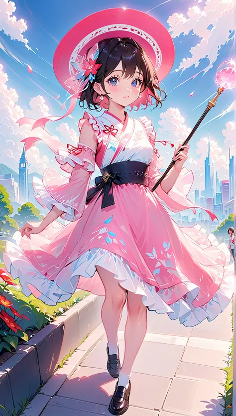 ( best quality ,  high resolution ,  Textured skin , high quality, high detail,  extremely detailed CG unity), teenage girl ， magic 少女，Black short hair，Black Eyes，pink small hat，holding a magic wand，Walking stick ， magic ，cute，Multi-layered ruffles，Lace，Be...