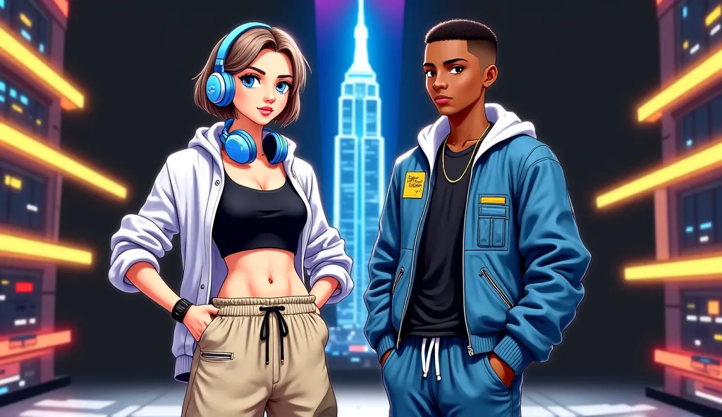 anime style, a futuristic, cyberpunk-style DJ and rapper stand back-to-back in a high-energy scene. The DJ, a young woman with short ash-light brown hair and large gray-blue eyes, wears a cropped black tank top, big butt, loose beige sweatpants, and white ...