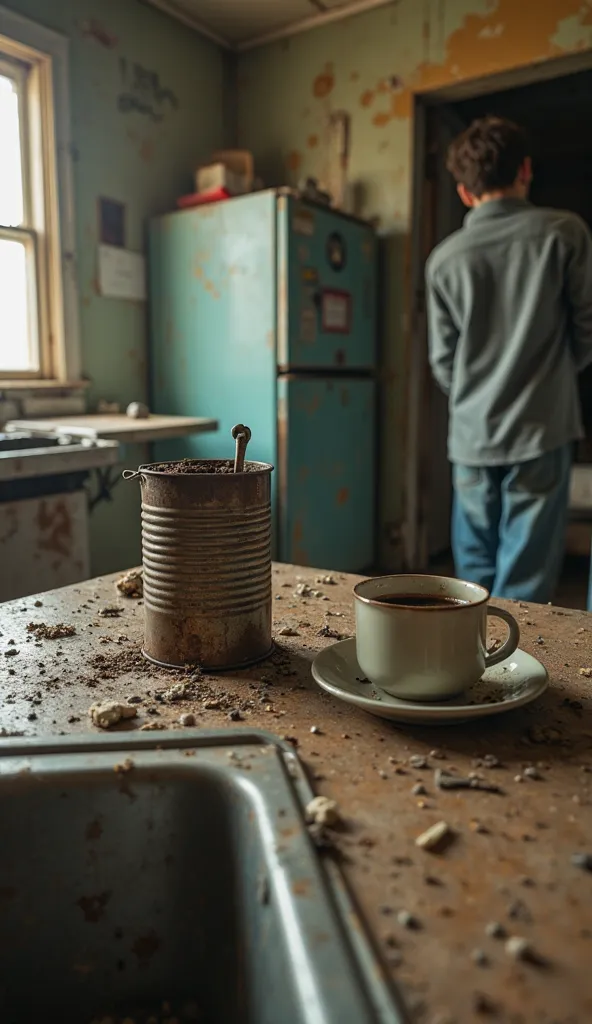 throw: The perspective shows a person standing in the kitchen of a shelter. The countertop is covered in dirt, leftover food and broken utensils. A rusty bean can is being opened with a manual opener can.  A cup of coffee Smoky is next to , while the surro...