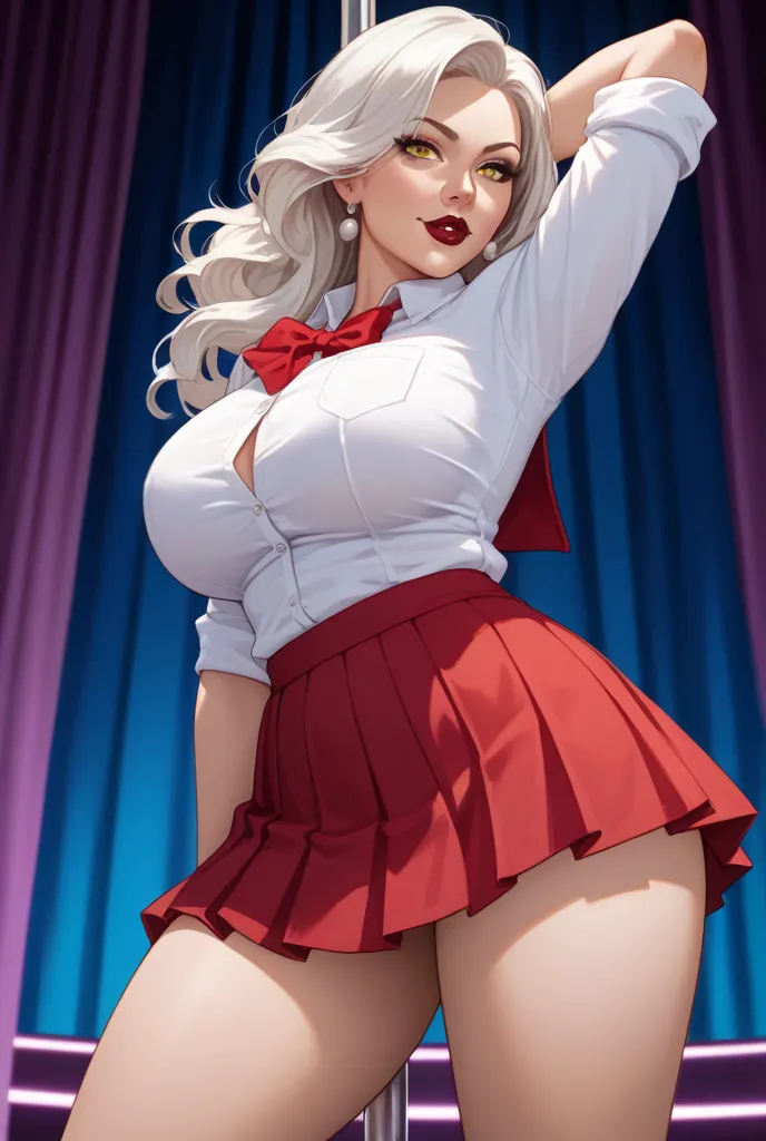 milf ( mature mom),  1 woman, fair skin small nose,  Yellow Eyes,  white hair ,  long hair, Black Lipstick, big nose,  White tied shirt,  red skirt, {{x}}, sexy school uniform, pole dancing 