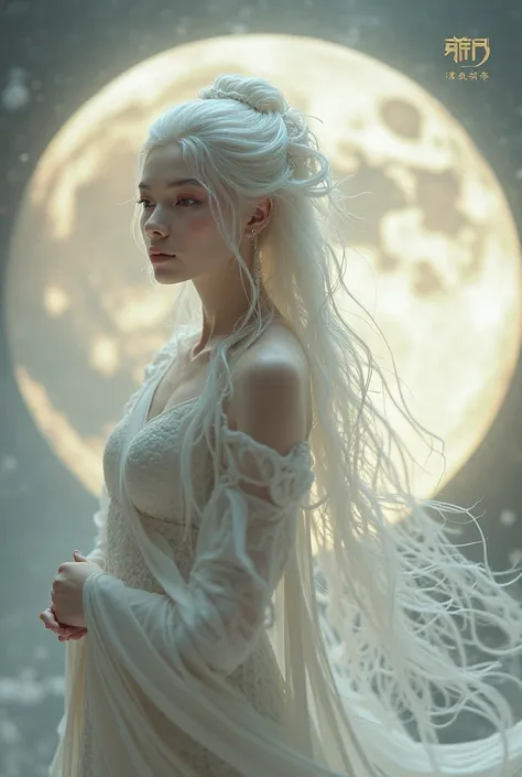 Chinese moon goddes, revealing silk, naked, long white hair