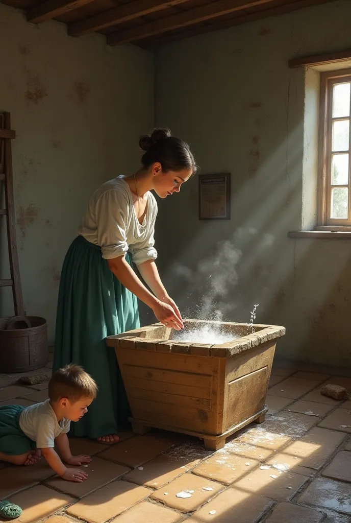 A lady washing in a rustic trough and a boy playing on the floor near her