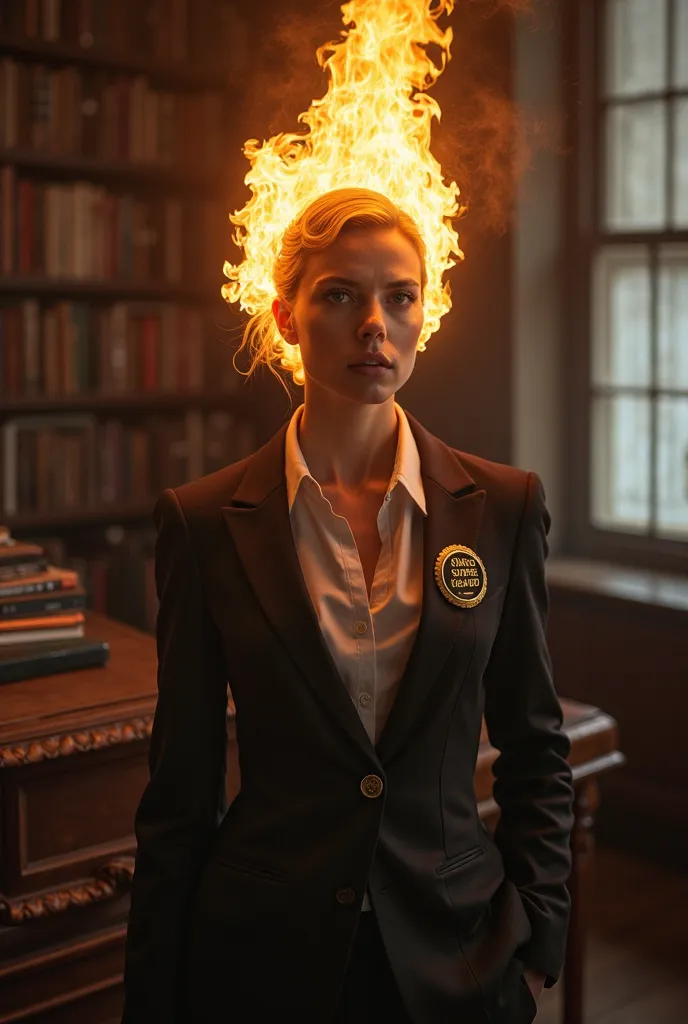 The picture shows a woman with her head, consisting entirely of flame. The background must be office, in old money style. A woman standing right in a formal suit, which contains a badge that says 'Savier Burning Leads'. Important, to make the girl look fem...