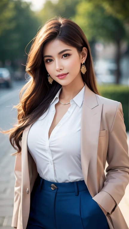 a beautiful mommy, muscular body, wearing casual suit shirt trousers and blazer, luxurious vibes, looks very beautiful, she's smiling, she's happy, so kind, extremely detailed eyes and face, beautiful detailed lips, juicy lips, long eyelashes, royal girl, ...