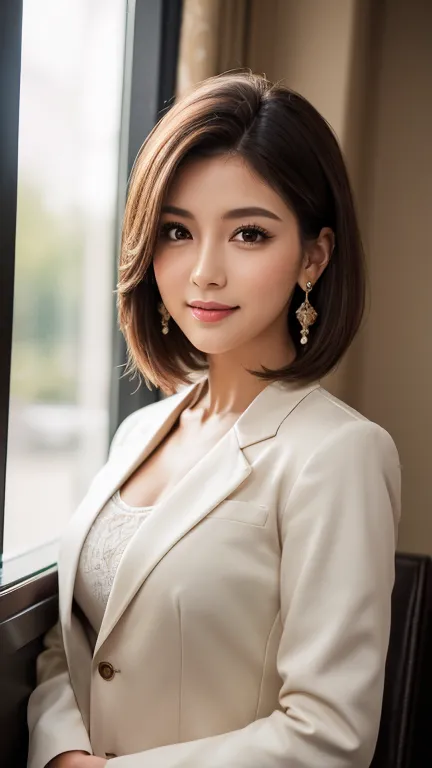 a beautiful mommy, muscular body, wearing casual suit shirt trousers and blazer, luxurious vibes, looks very beautiful, she's smiling, she's happy, so kind, extremely detailed eyes and face, beautiful detailed lips, juicy lips, long eyelashes, royal girl, ...