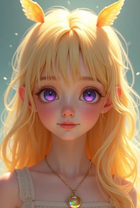 Blond hair,girl,solo,cute,Duck,tiny wings,purple eyes,best quality,masterpiece, UHD