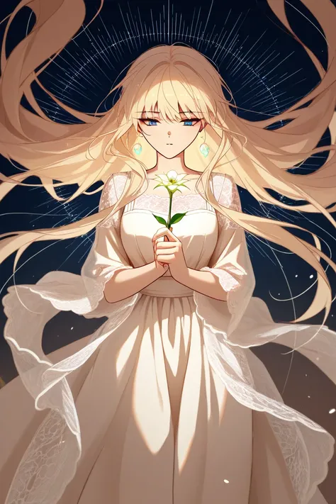 (Manhwa and anime style) Girl is standing, holding a delicate flower in one hand. Her long blonde hair flows gracefully around her, with soft waves that give it a natural, elegant movement. Her eyes, a soft yet striking pink, glow with a gentle warmth, dra...