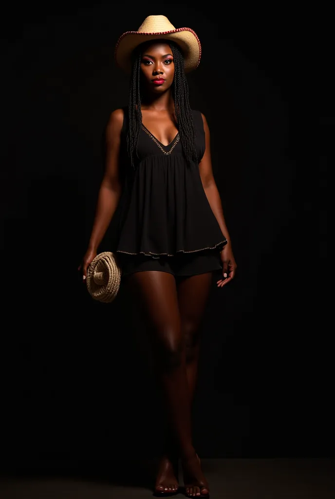 Pin-up noire debout avec des tresses africaines chapeau de paille large 