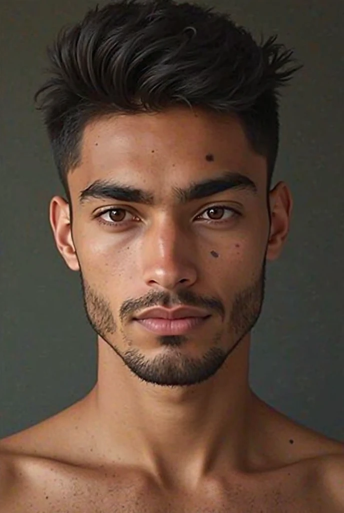 24 year old young man, male sex, semi-mixed leather,  slightly pronounced nose , calm look,  dark brown eyes , freshly shaved beard, shaved but slightly pronounced mustache, slightly straight short black hair, Height 1 meter and 86 centimeters, mole on the...