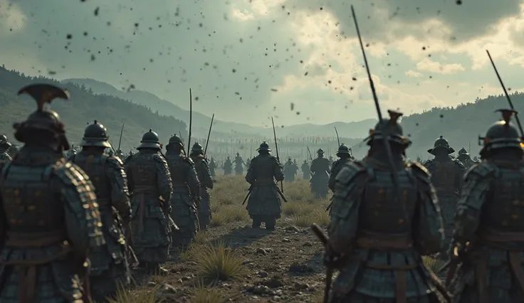 A small group of samurai nervously observing the approaching Mongol forces, confused and uncertain about how to respond