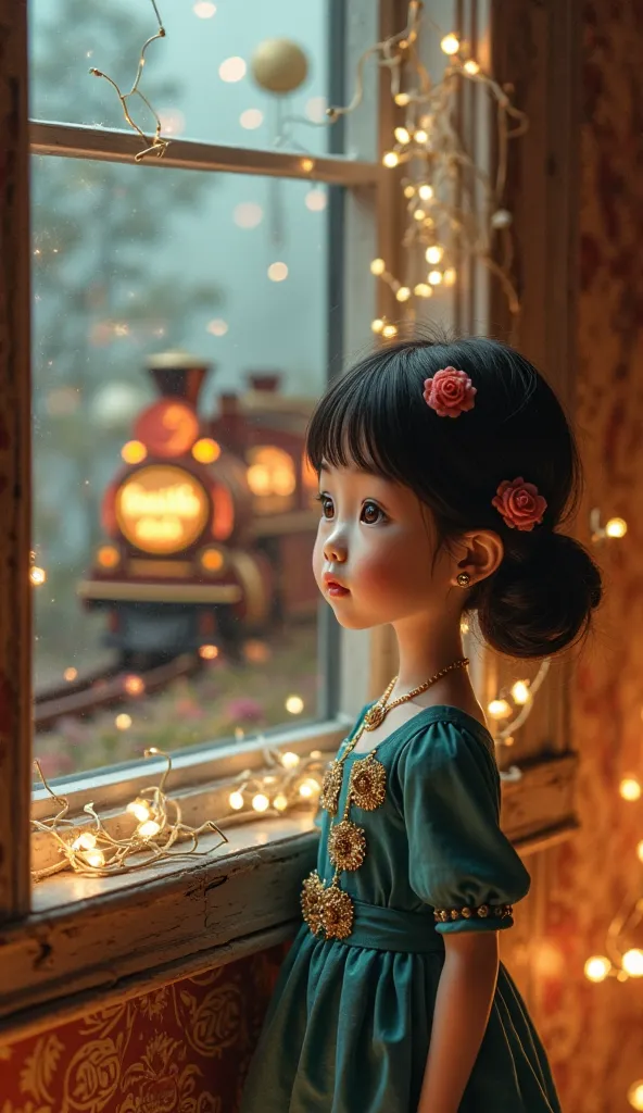 A young girl, likely Asian or mixed ethnicity, with a youthful appearance, is seen looking out a window.  She is positioned slightly to the left of center within the frame.  The girl has dark hair styled in a bun, adorned with rose-colored flower accessori...