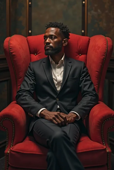 Black man sitting on the red armchair