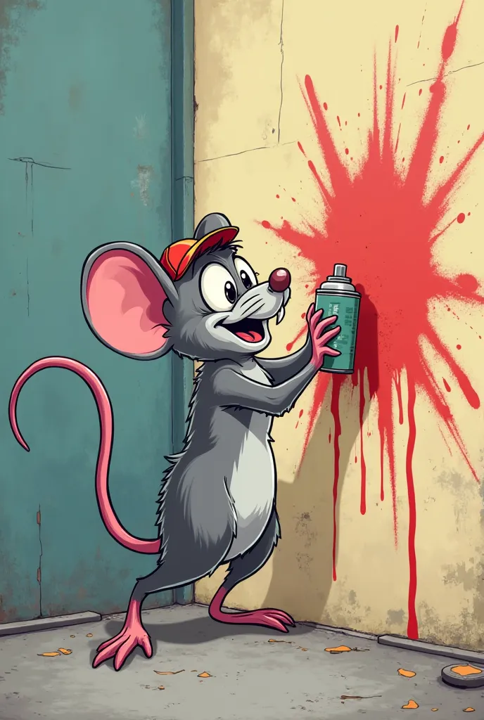 Create a cartoon-style cartoon of a mischievous mouse doing graffiti 