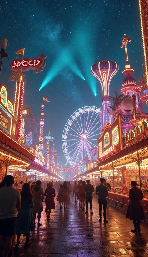 "Compose a dreamlike carnival at night, where extravagant rides, dazzling light displays, and costumed performers create a surreal, magical atmosphere. The scene bursts with color and movement, inviting viewers into a world of whimsy and delight."