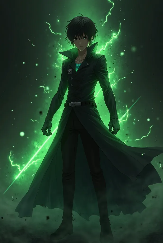 Eren yeager from attack on titan standing wearing black dress with black background with green neon lights on eren suit