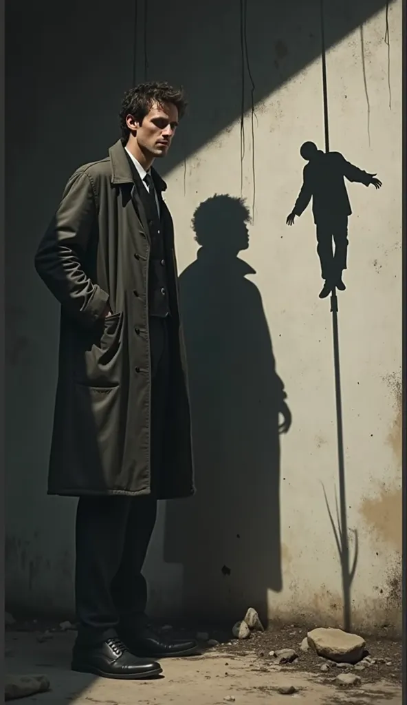 A man in a faded black coat and black suit stands. His shadow is projected on a white concrete wall,and his shadow reflects the figure of a man suspended by a rope. Darkness surrounds him,and the strong contrast between light and shadow heightens the tensi...