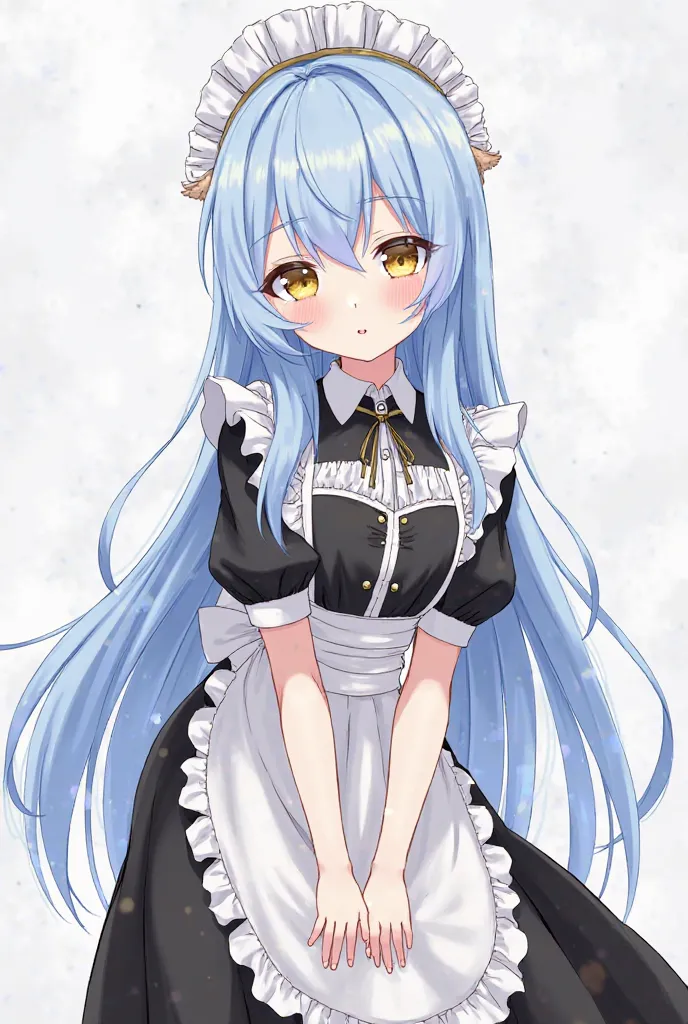 Draw Rimura Tempest's fanart with longs light blue hair and golden eyes and is cute in black and white maid uniform anime style 