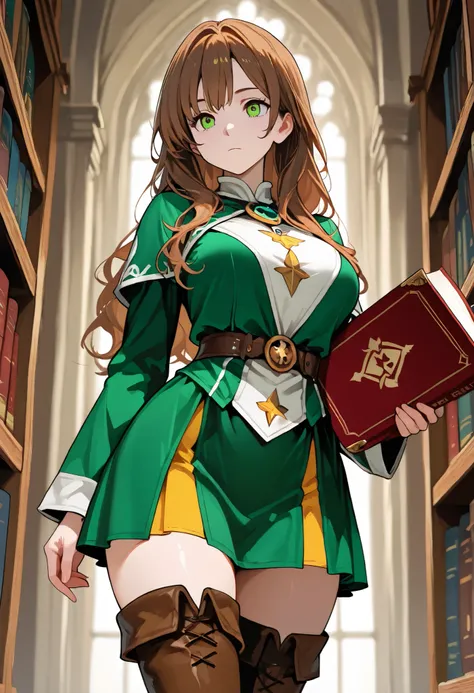 1 girl, ONLY one character, wavy brown hair, long hair, green eyes, in a library, medieval magician, medieval noble, skirt, brown brassard, brown boots, thigh boots, green outfit, fantasy magician outfit, confident, expressionless, cowboy shot, perfect eye...