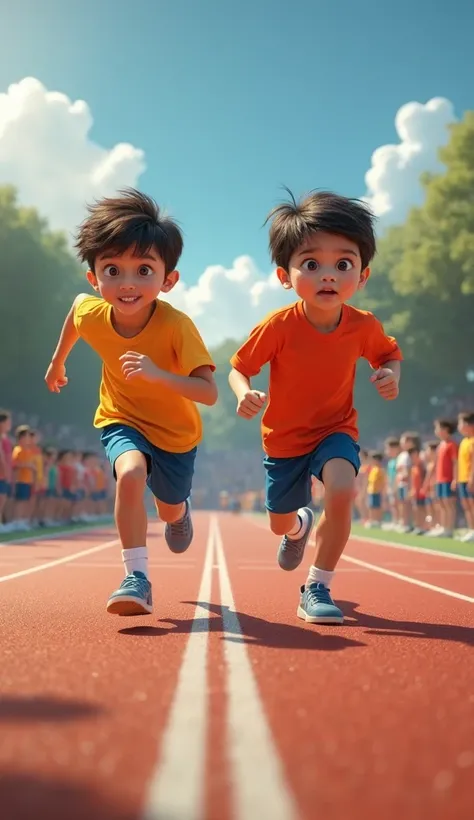 ((masterpiece, highest quality, Highest image quality, 3D animation, cartoon, High resolution, photoRealistic, Raw photo, Extremely detailed CG unified 8k wallpaper)), two boys take part in a running race, wearing sportswear, location on a running field wi...