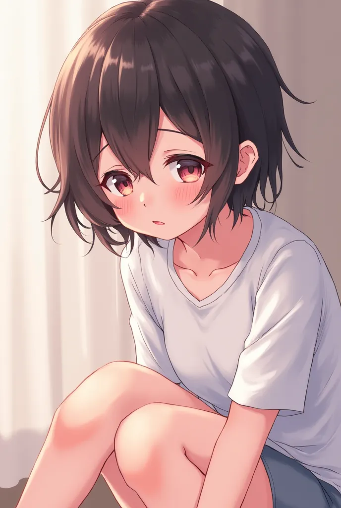  anime girl t-shirt,  nude,  blushed,  crouched embarrassed, short hair, masturbating