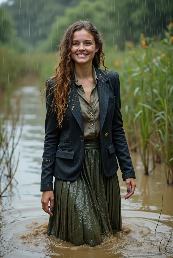 smiling young white woman wading through knee deep water in an algae choked muddy swamp during a torrential rain storm. She is wearing a business suit with jacket, blouse and long kilt style pleated business skirt. Her clothes and hair are completely soake...