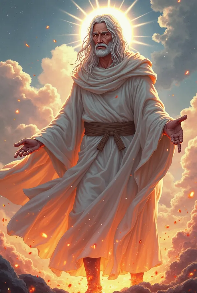 Illustration of Jesus described in the apocalypse, serious countenance, head and hair white as snow, eyes like a flame of fire, feet similar to shiny brass, anime, manga style, in the style of the anime naruto on a background in the sky.