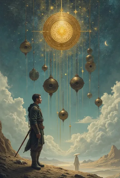 National Surrealism artwork depicting a warrior looking at war with five flying pendants while the arrows he made look beautiful in a very intricate style and detail looks like black holes of chakra looking gods carry a very intricate and realistic golden ...