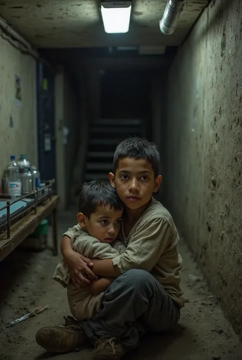 A young boy named Noam, around , sits upright in a dimly lit underground shelter in Israel, holding his younger brother close. The shelter has cold concrete walls, a metal bench, and scattered emergency supplies, including water bottles and a small radio. ...