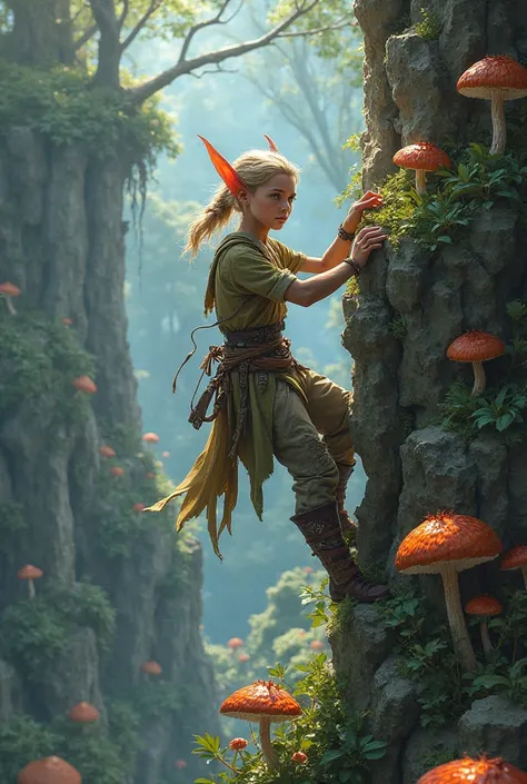 rock-climbing elf. Behind it is a magical forest with poisonous mushrooms