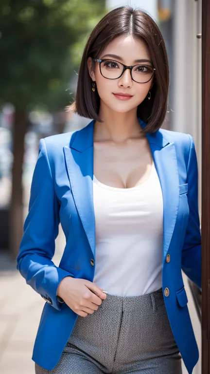 a beautiful mommy, muscular body, wearing white casual shirt black trousers and blue blazer, she wears glasses for her style, perfect style, luxurious vibes, looks very beautiful, she's smiling, she's happy, so kind, extremely detailed eyes and face, beaut...