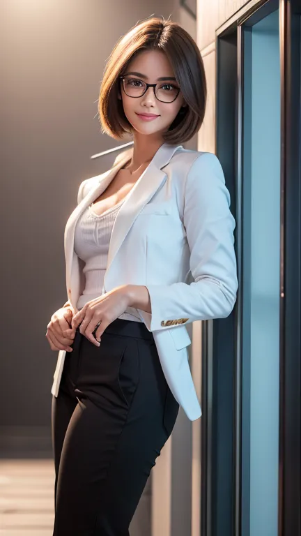 a beautiful mommy, muscular body, wearing white casual shirt black trousers and blue blazer, she wears glasses for her style, perfect style, luxurious vibes, looks very beautiful, she's smiling, she's happy, so kind, extremely detailed eyes and face, beaut...