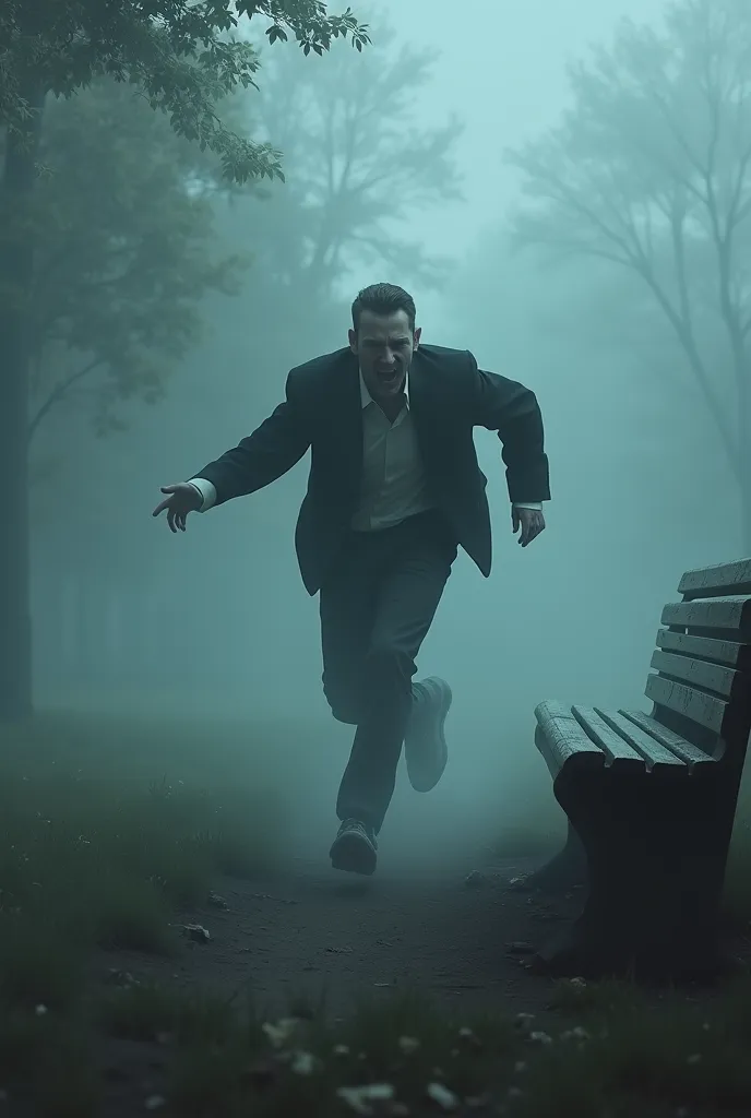 A man running in fear through a foggy park, behind him a wooden bench mysteriously sliding towards him, supernatural horror scene.
