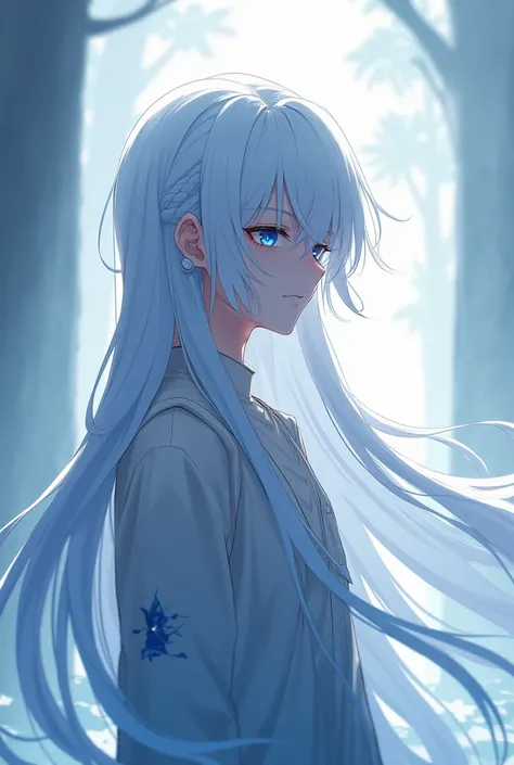 Anime boy character with long white hair down to the back and blue eyes 