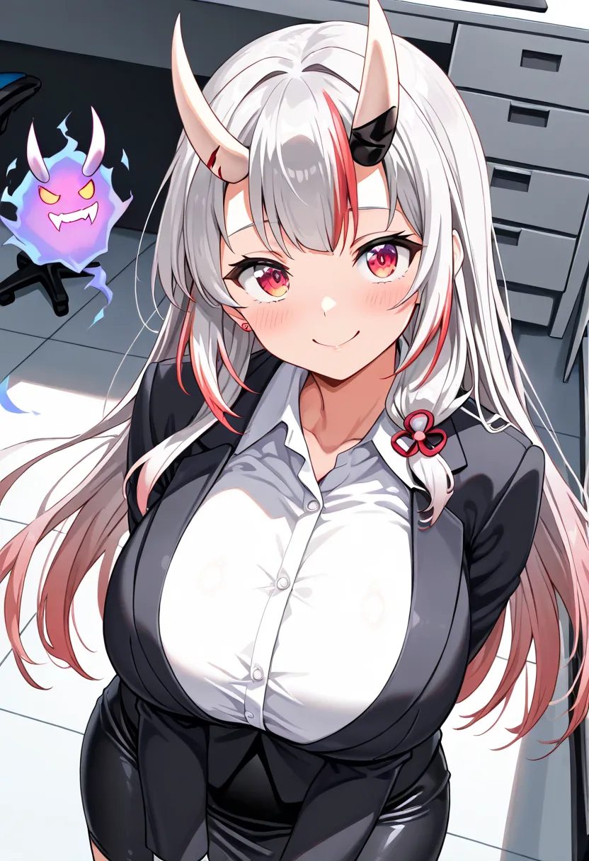 (Highest quality , 8k , masterpiece , incredibly absurdres , perfect body , super detailed skin , highly detailed eyes and face , 1 woman ) ,  nakiri ayame , Silver Hair , red eyes , demon horn , smile ,  will be happy , (  OFFICE LADY ,  suit , white shir...