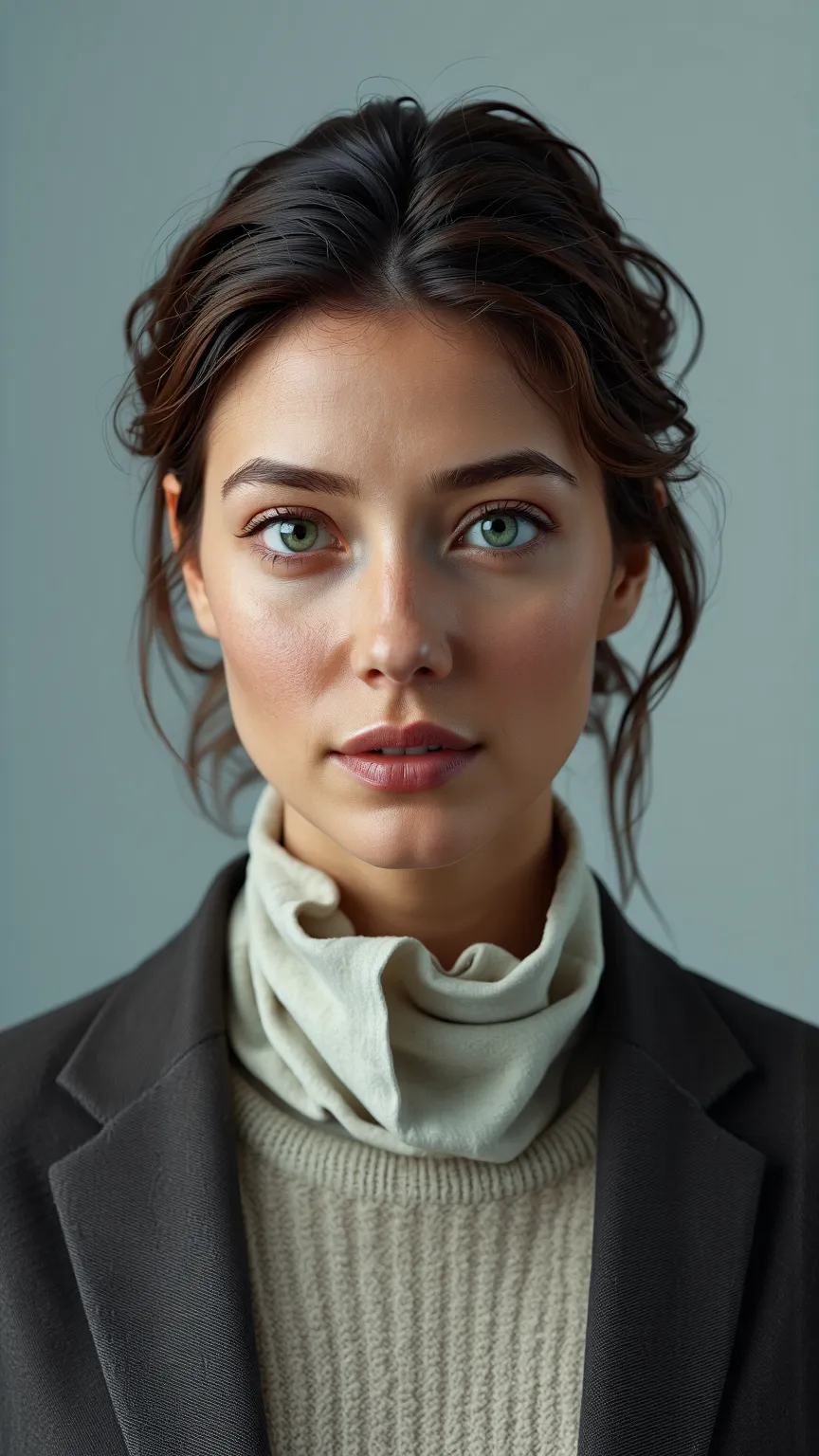 close up, sharp focus, brunette chignon with lose locks, green eyes, soft blush, stunningly beautiful woman, blazer over ribbed knit sweater, pencil midi skirt, linen bandana mask, realistic, photorealistic, photo-realistic:1.37, (best quality,4k,8k,highre...