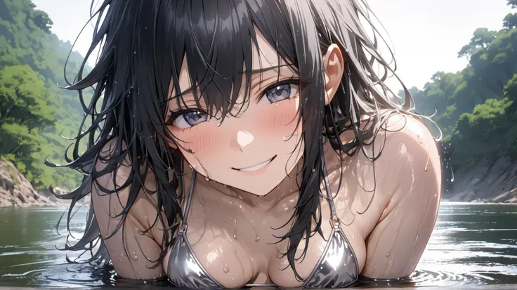  female 1 person, black hair, Age 25, (((shiny silver bikini)))), ((((Slightly smiling ))),((messy hair)),(((portrait))), (sweat soaked)( sexy)(((( medium breasts )))) ((hide))

( masterpiece:1.2), 非常にexhaustiveな, top quality, (complicated_exhaustive:1. 1)...