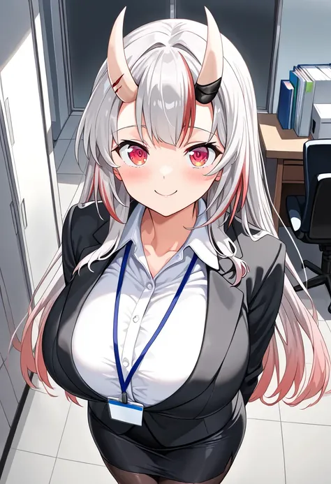 (Highest quality , 8k , masterpiece , incredibly absurdres , perfect body , super detailed skin , highly detailed eyes and face , 1 woman ) ,  nakiri ayame , Silver Hair , red eyes , demon horn , smile ,  will be happy , (  OFFICE LADY ,  suit , white shir...