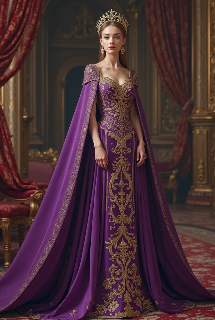 queen dressed in purple dress with gold embroidered silk fabric