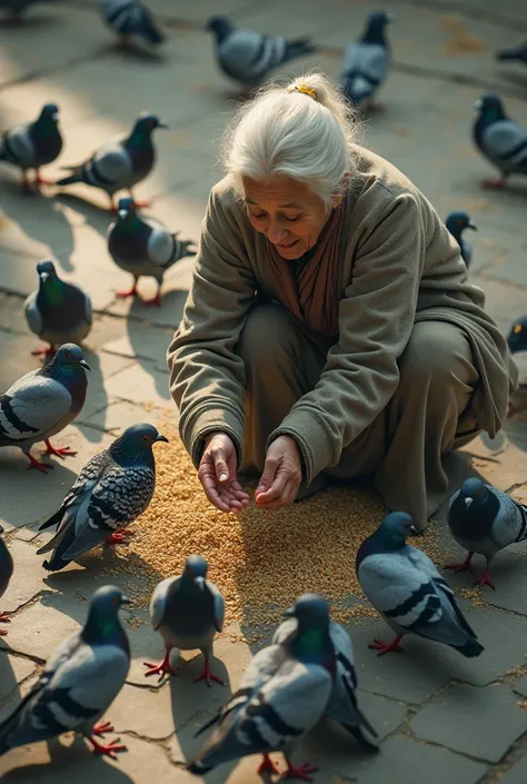 Grandma throws seeds for pigeons (top view) so that you can see the future 