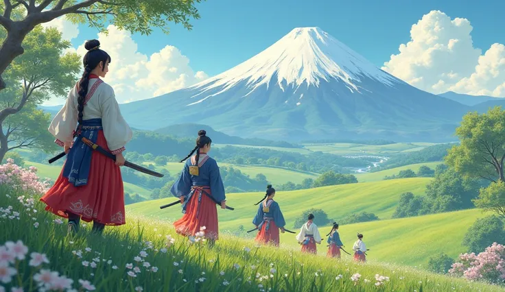 A dreamlike sequence showing a peaceful, ancient Japan — lush green fields, samurai in traditional garb practicing martial arts, and Mount Fuji in the distance