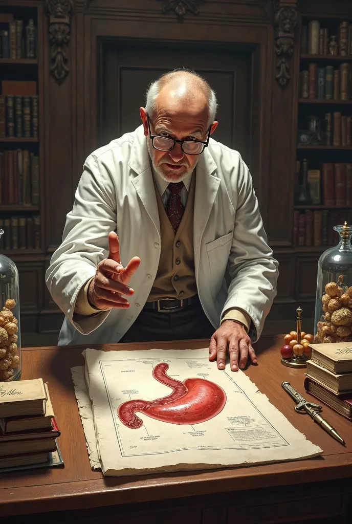 A dramatic, ultra-realistic illustration of a doctor pointing at a medical diagram of a stomach, explaining Napoleon's supposed illness. The scene has a historical feel, with old books and medical tools on a wooden table.