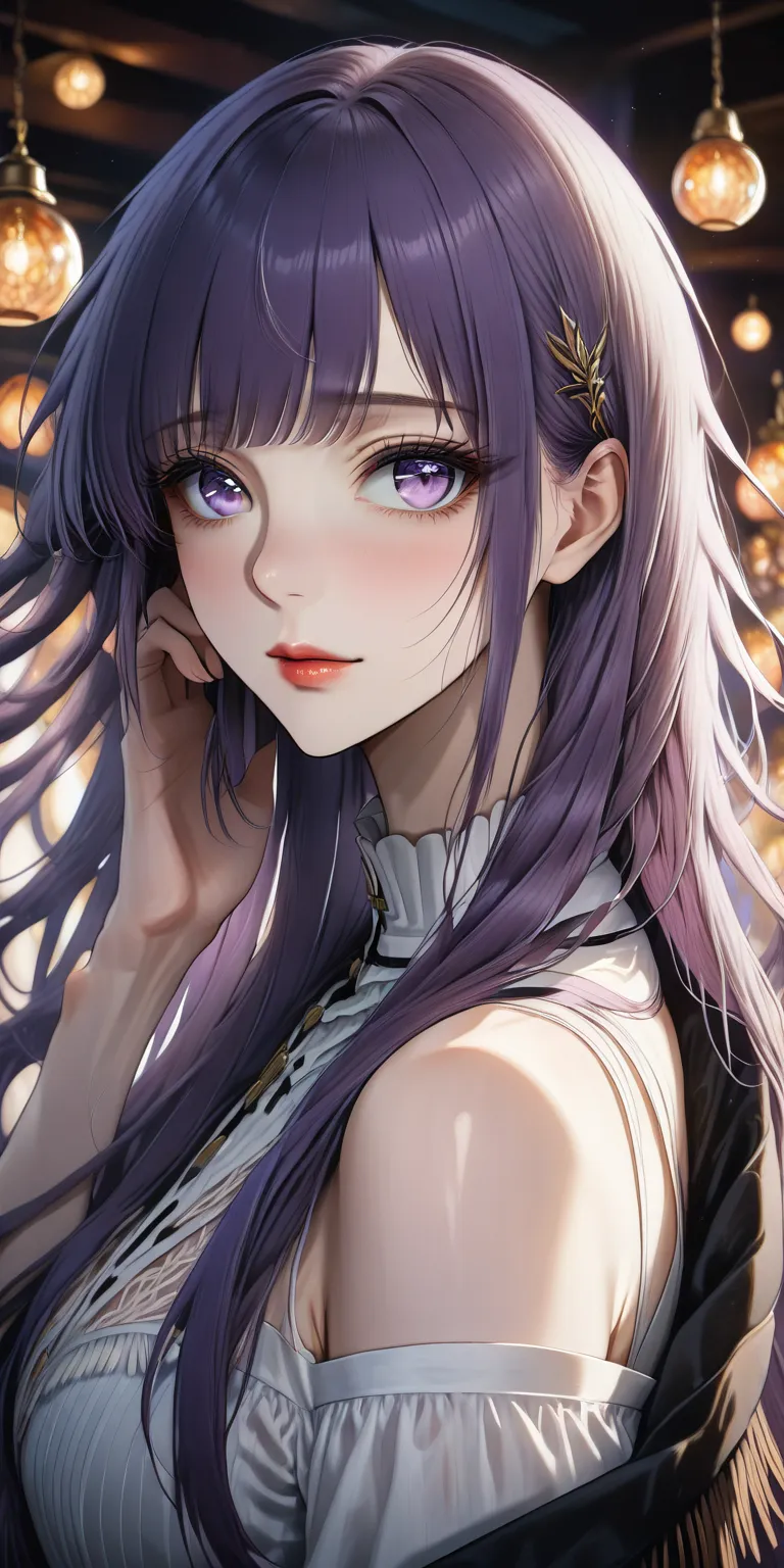 anime girl Anime style, White pale skin, porcelain skin, purple eyes, (HAIR: purple dark hair straight cut, long length, full bangs covering eyebrows, side framing fringe ) seductive anime girl, ,best quality, 4k, 8k, highres, masterpiece:1.2), ultra-detai...