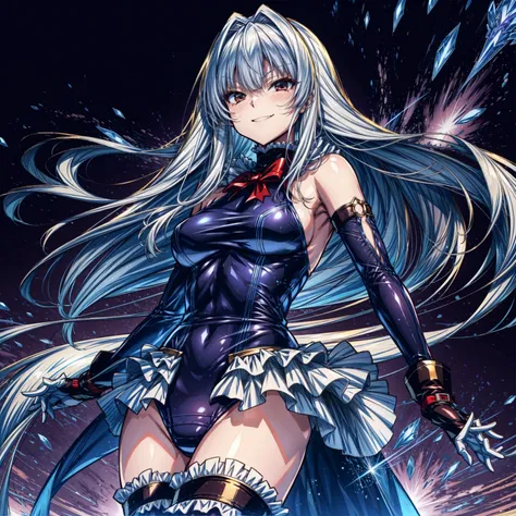 perfect anatomy, highest quality, marierose,evil smile, fighting ring:1.2),evil smile,anime style,(ruffle swimsuit,  thighhighs, removed sleeve), (anime style:1.4) ,
silver hair,(white fingers:1.1,black gloves),very long hair,Evil Aura,