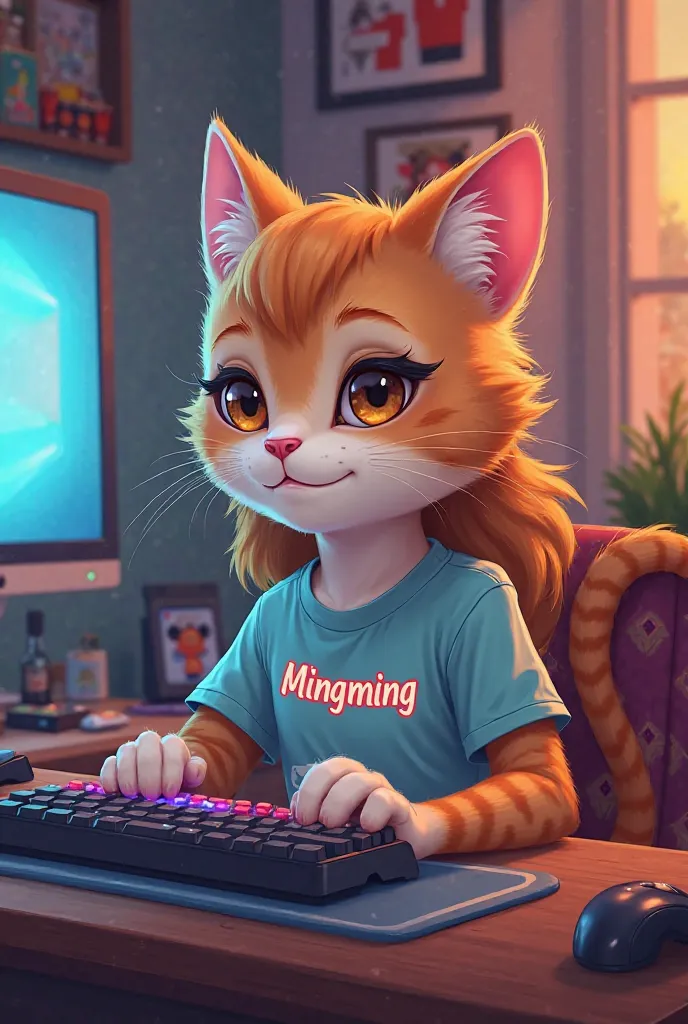 Female cat gamer with mingming name printed on shirt