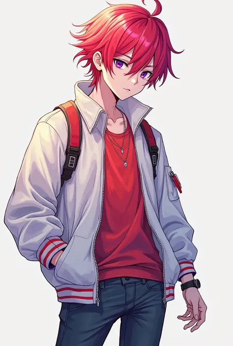 A young man, have bright red hair.,white skin hair,white skin, light purple eyes, wearing neon red shirt , an unzipped white red zipper and strap jacket, dark jeans, sneakers,purple socks, a small metal necklace around his neck, and a black watch on his le...