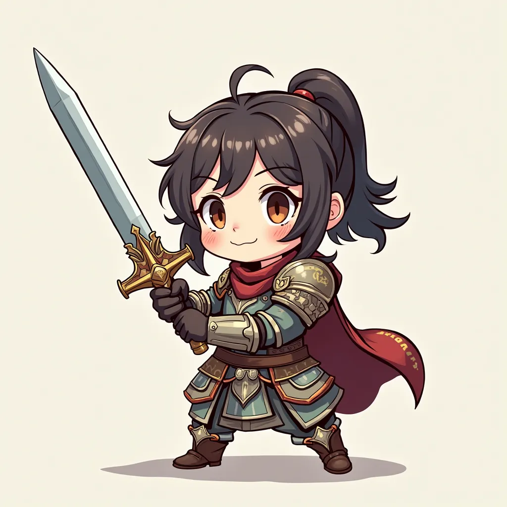  chibi, one girl ,Western Armor, holds up a sword during battle, fantasy style ,simple background