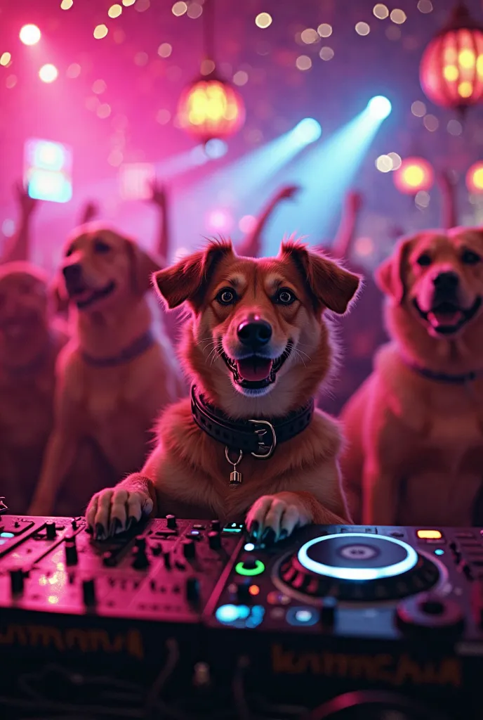 "Ultra-realistic image of a Vietnamese dog as a DJ, enthusiastically performing in a luxurious bar, surrounded by a group of Western dogs dancing and enjoying the music. The scene is filled with vibrant neon lights, a high-end nightclub atmosphere, and an ...